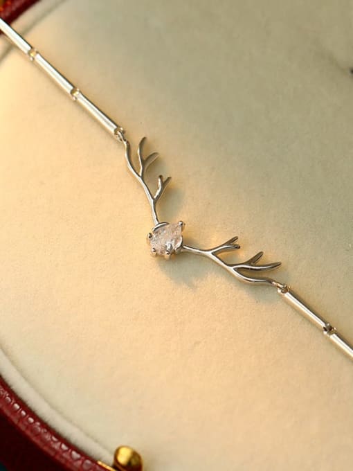 BRS123 [White Diamond] 925 Sterling Silver Cubic Zirconia Deer Head Minimalist Bracelet